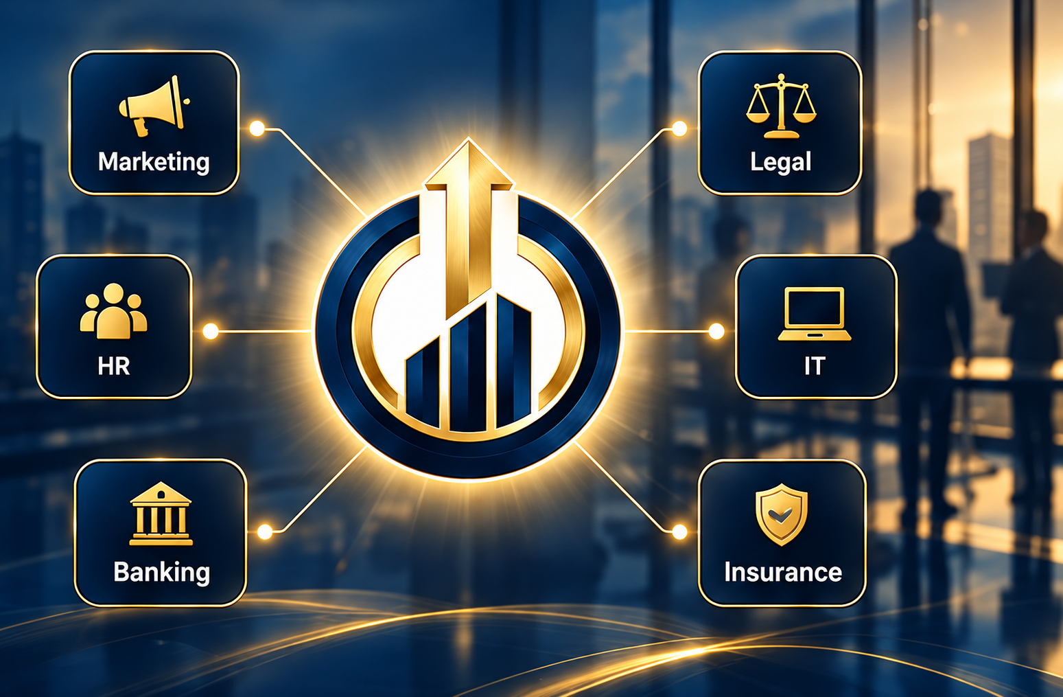 Business Powerhouse connected services: Marketing, HR, Banking, Legal, IT, and Insurance.